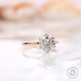Side view of six prong solitaire OEC Moissanite ring.