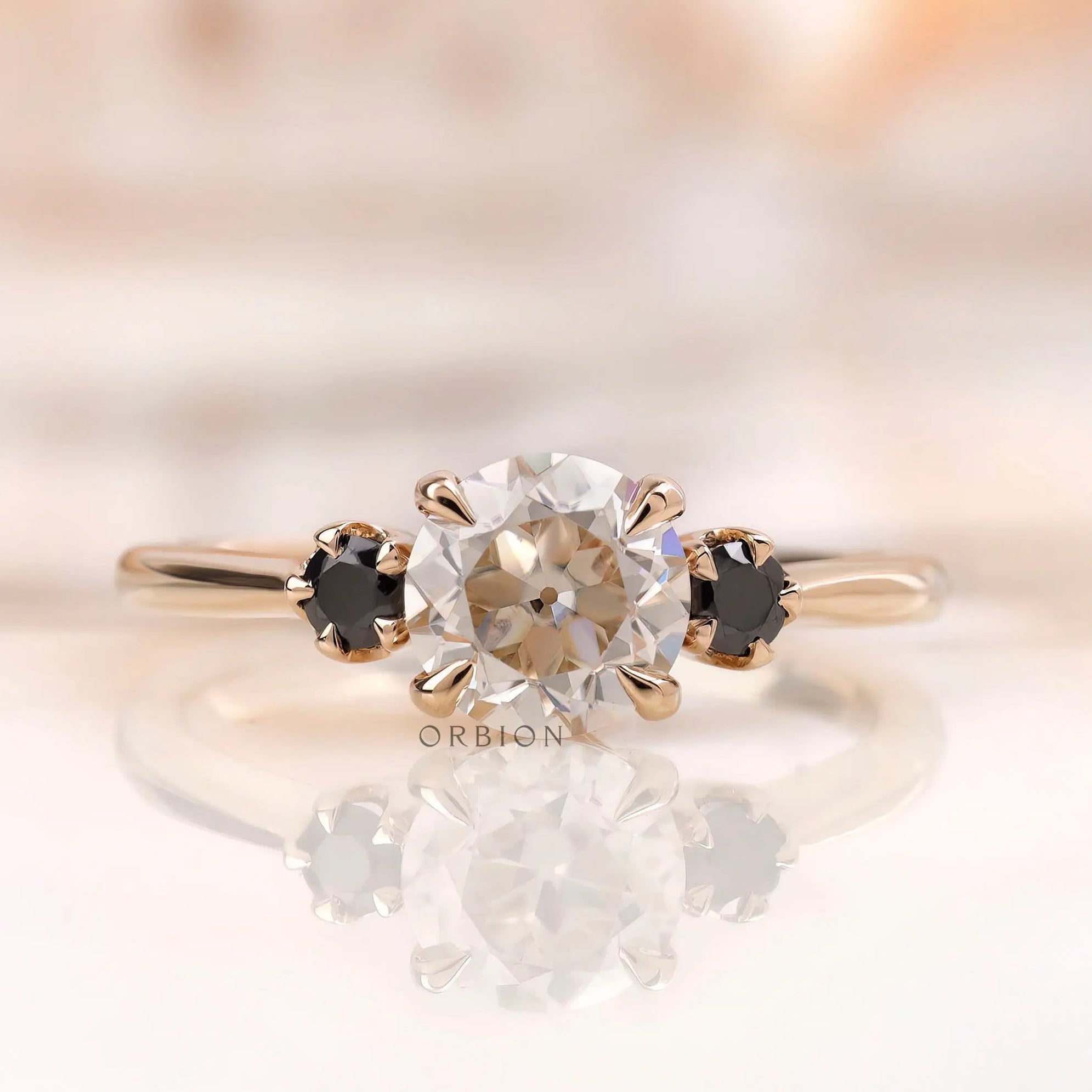 Old european cut moissanite engagement ring yellow gold front view