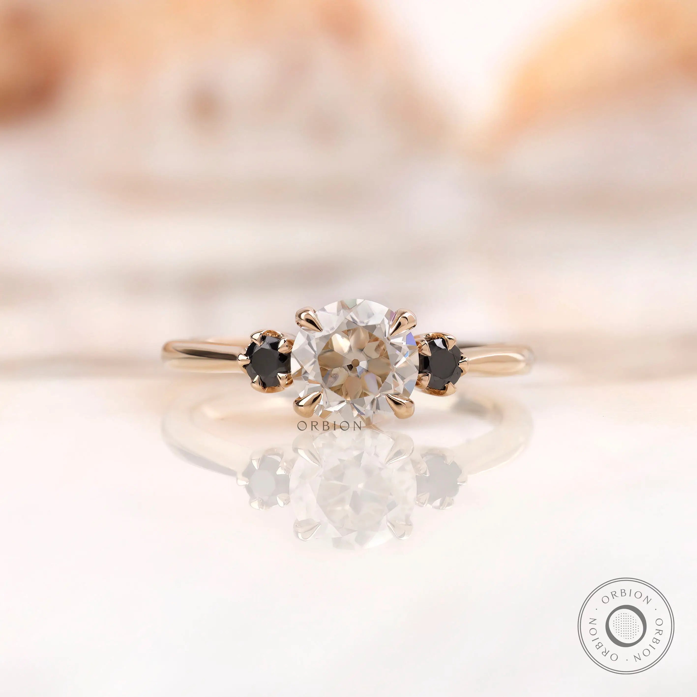 Old european cut moissanite engagement ring yellow gold front view