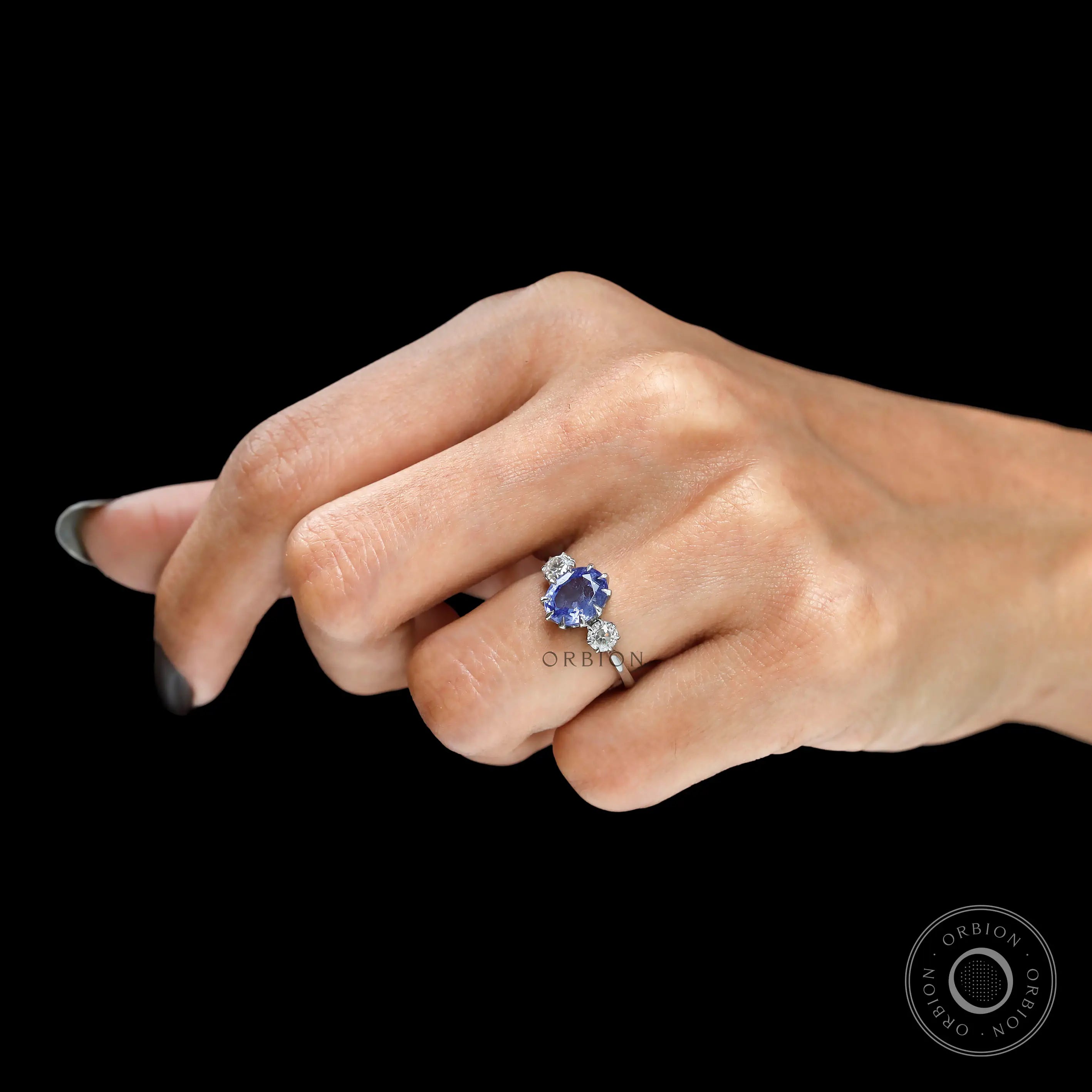 Classic Georgian inspired sapphire engagement ring worn on hand