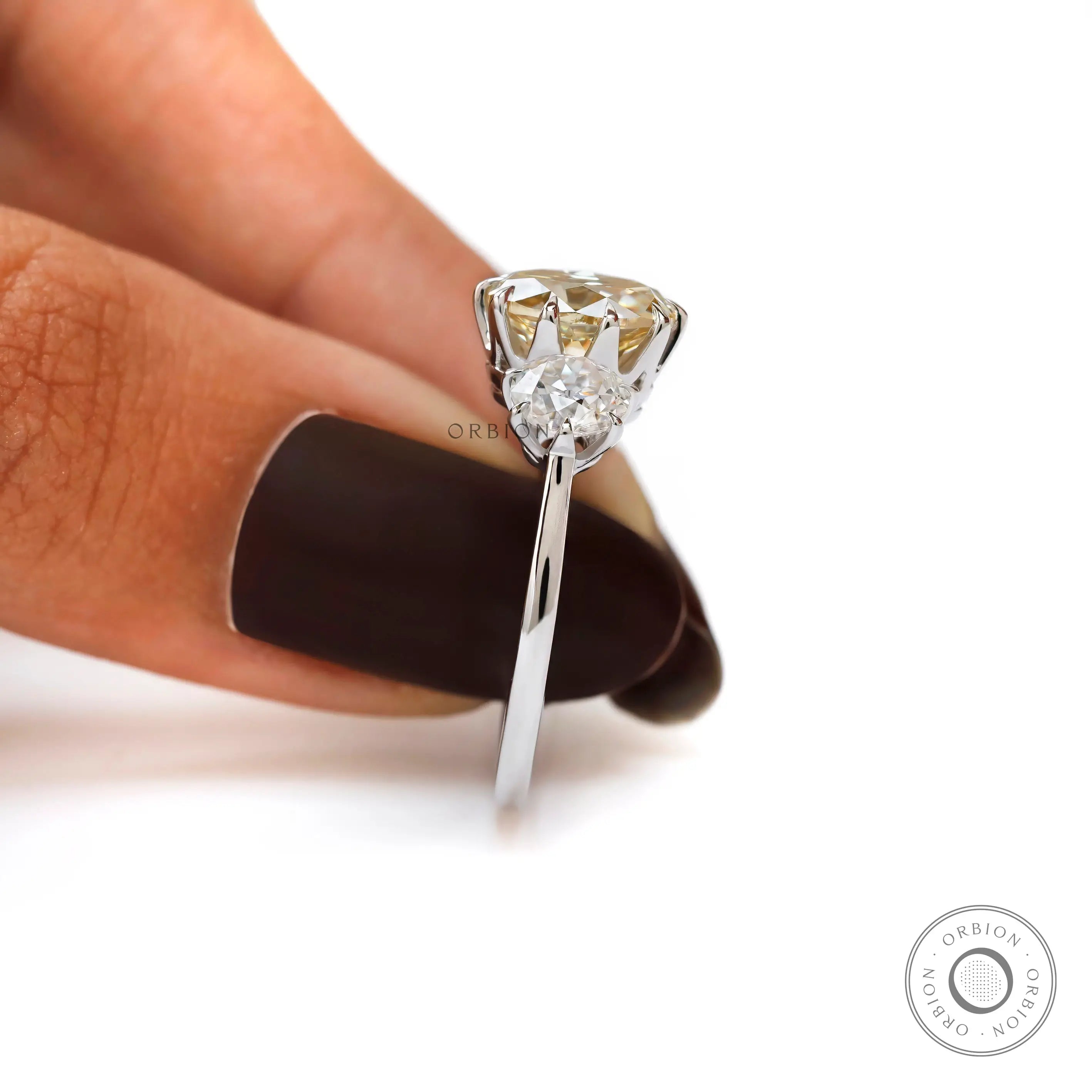 Slim shank georgian style three stone moissanite ring