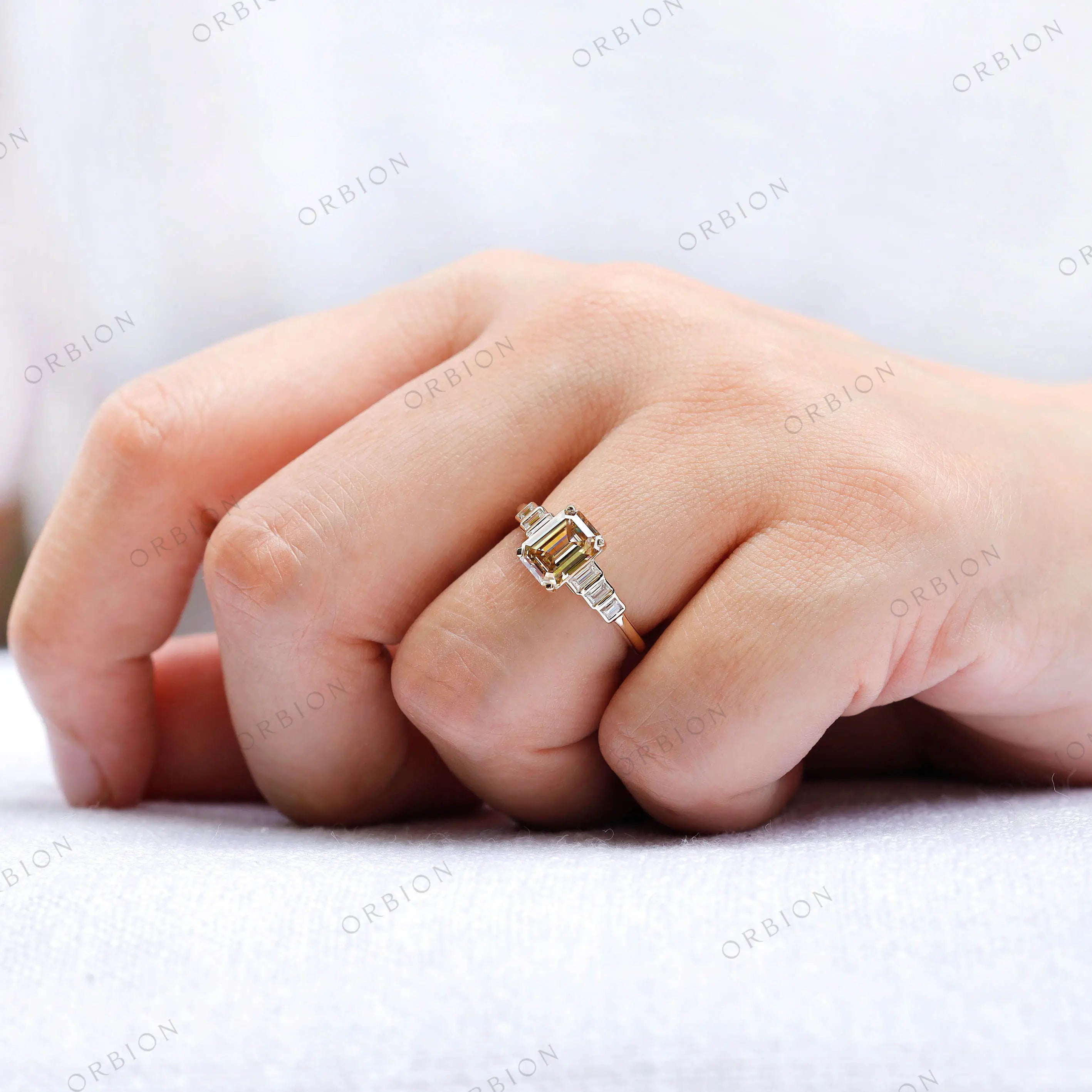 Vintage inspired champagne moissanite engagement ring in yellow gold band