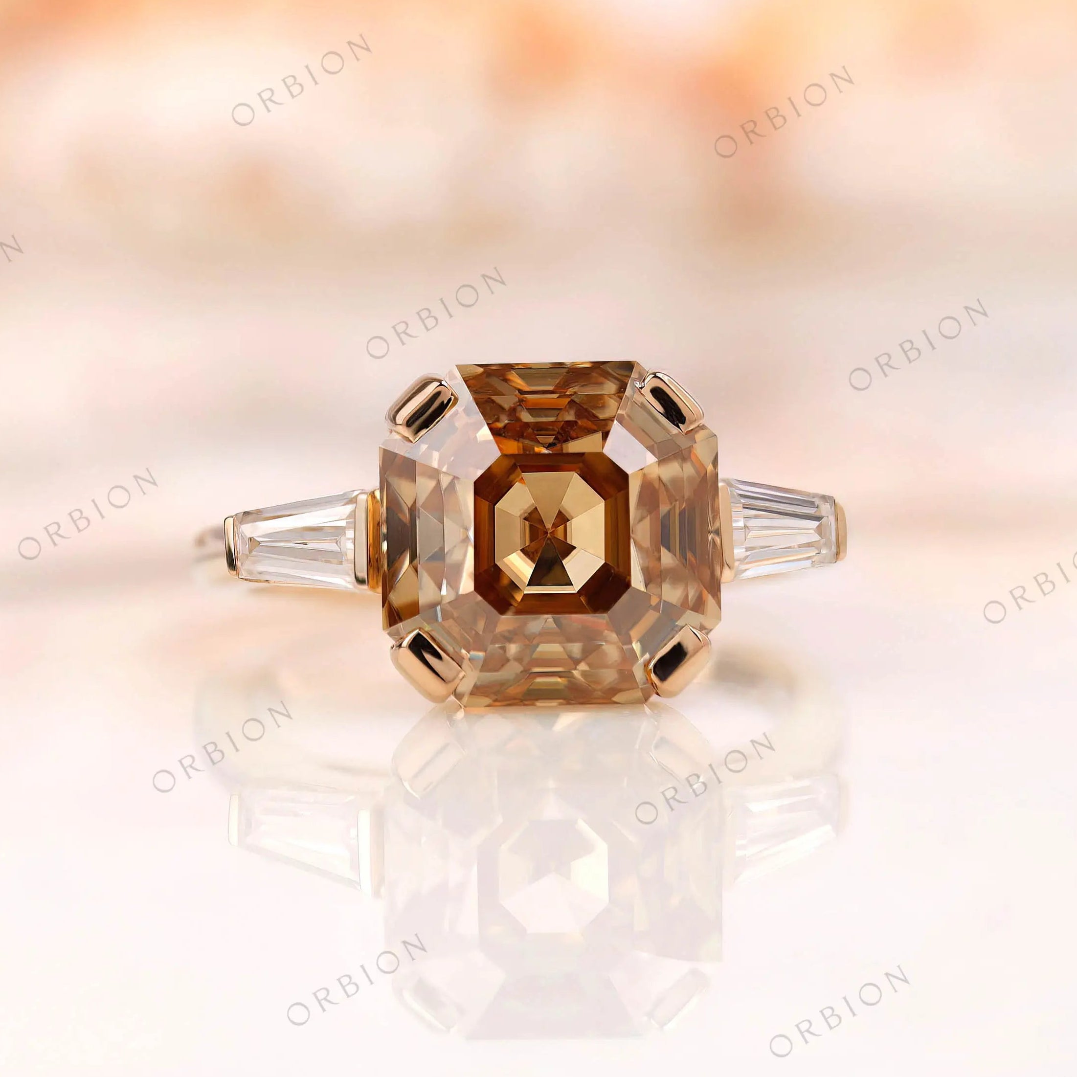 Dark champagne Asscher cut moissanite ring top view