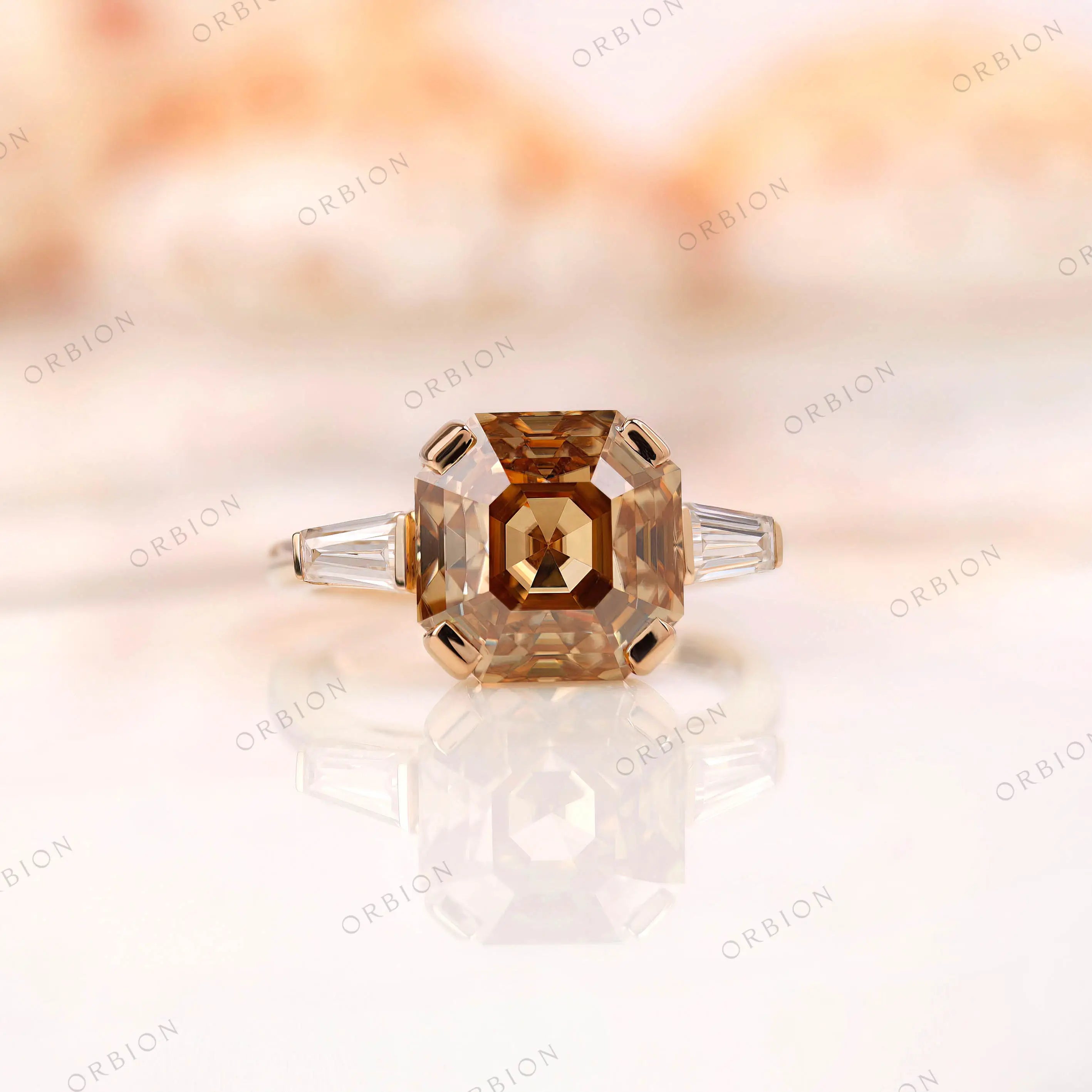 Dark champagne Asscher cut moissanite ring top view