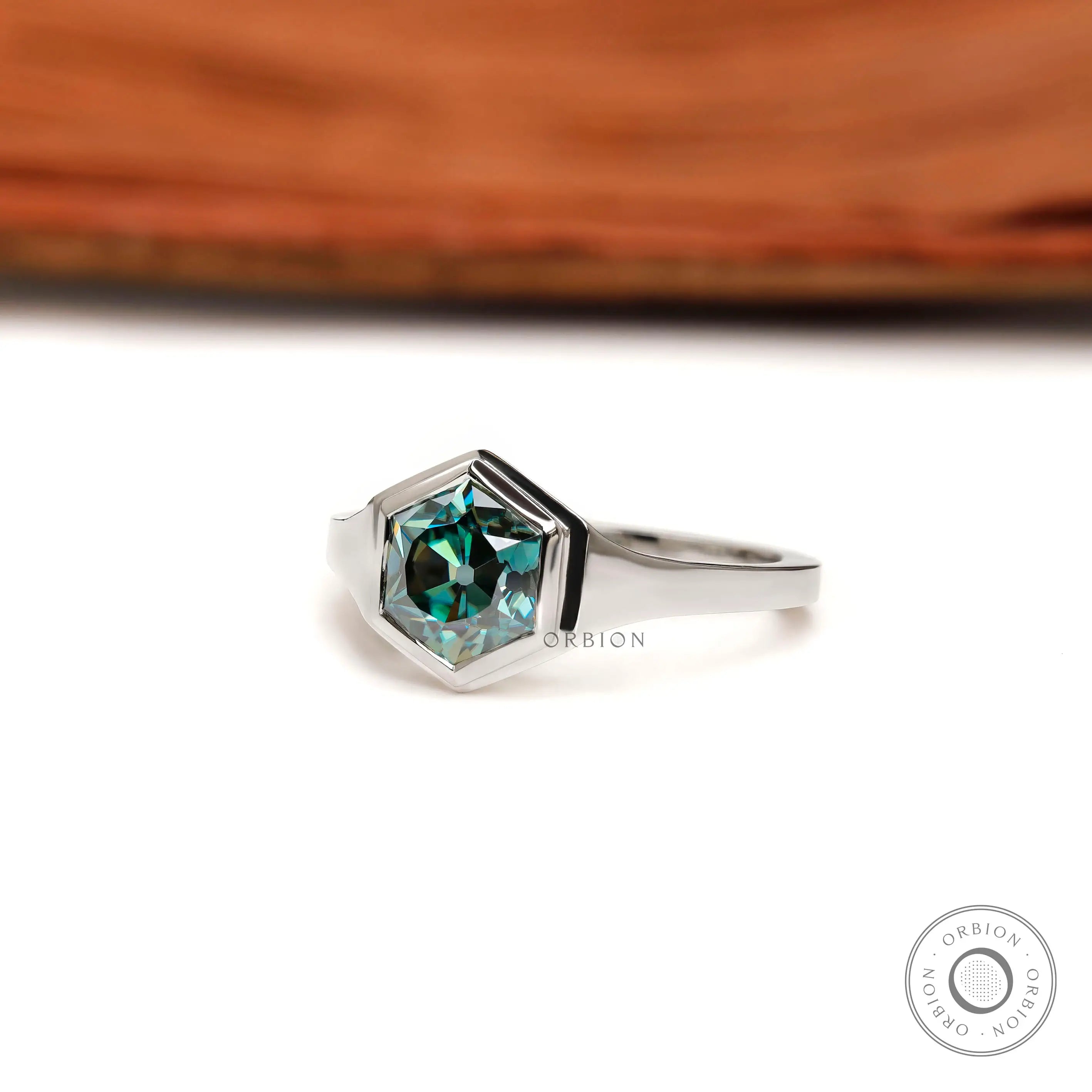 Angled view highlighting hexagon Old Mine Cut moissanite