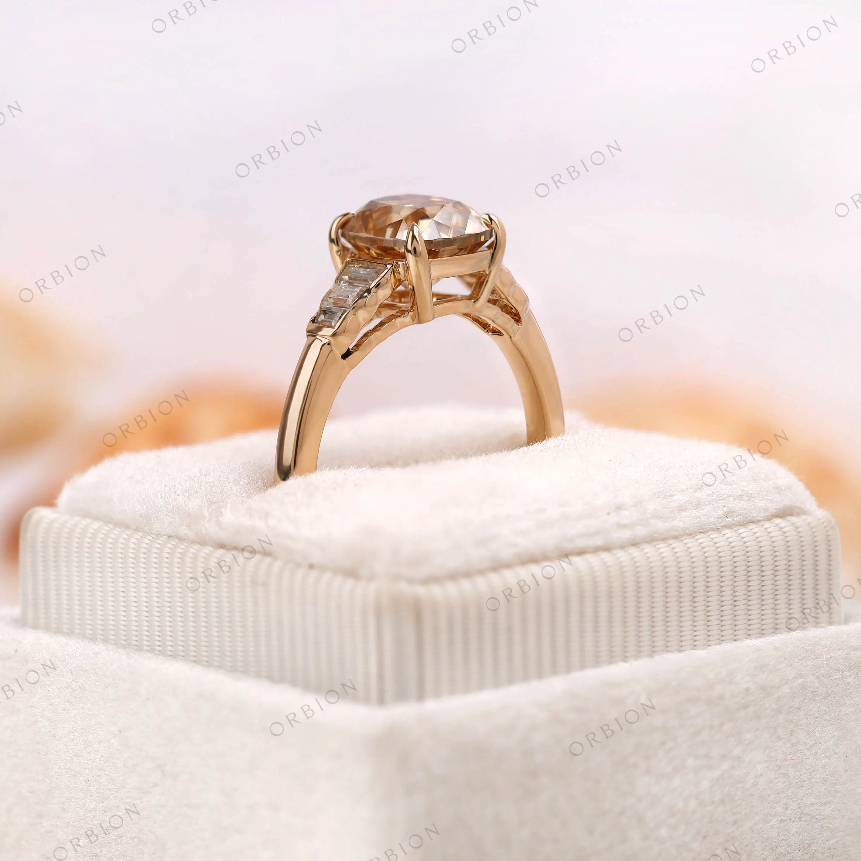 Angled view highlighting depth and facets of champagne moissanite