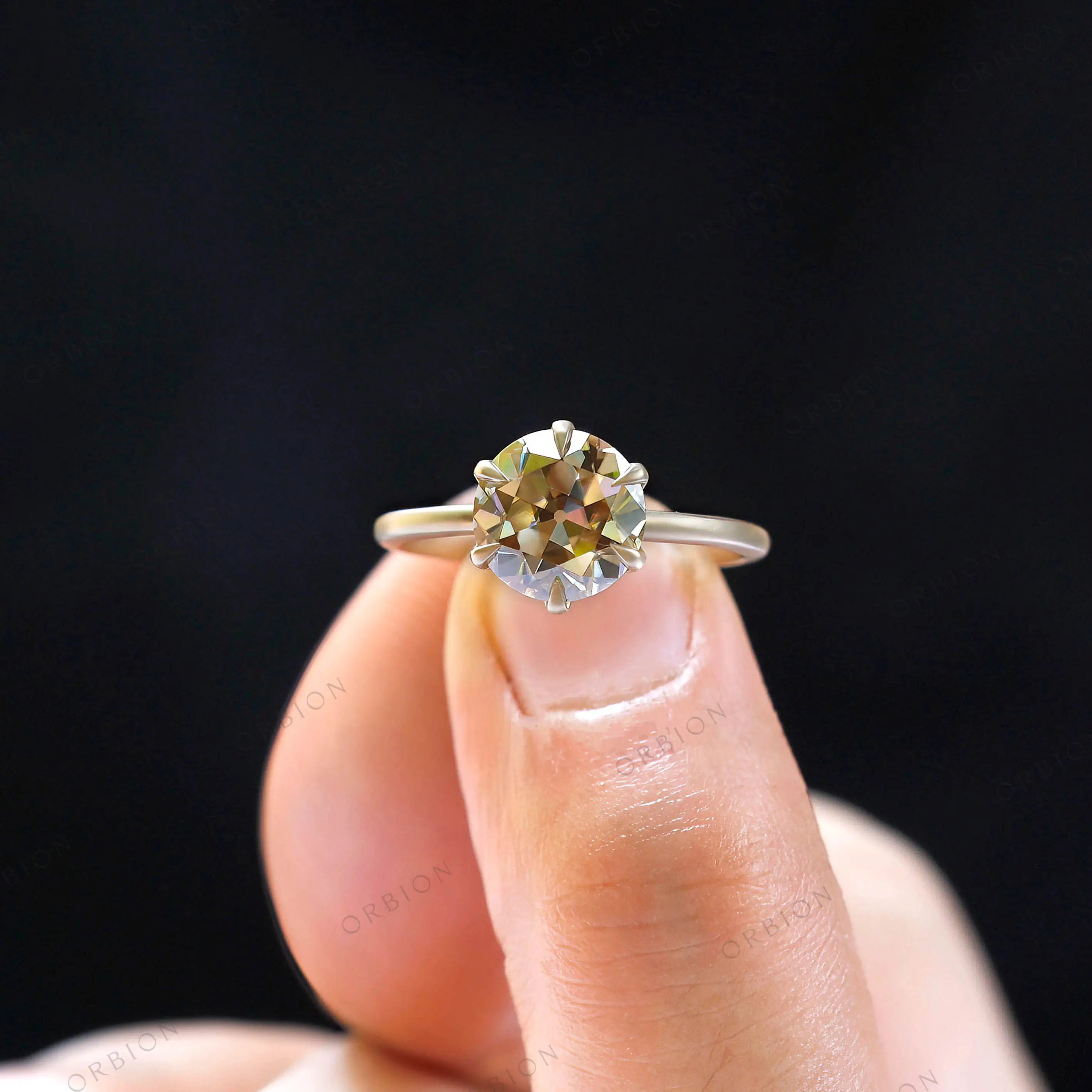 Round Old European Cut Light Champagne Moissanite Solitaire Engagement Ring in 10K Yellow Gold,