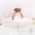 Top view of OMC cushion champagne moissanite solitaire ring in matte finish 