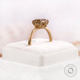 Top view of OMC cushion champagne moissanite solitaire ring in matte finish 