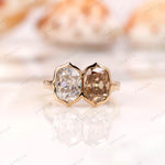 Dual elongated cushion Old Mine Cut moissanite bezel set Toi et Moi ring in yellow gold front view