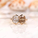 Dual elongated cushion Old Mine Cut moissanite bezel set Toi et Moi ring in yellow gold front view