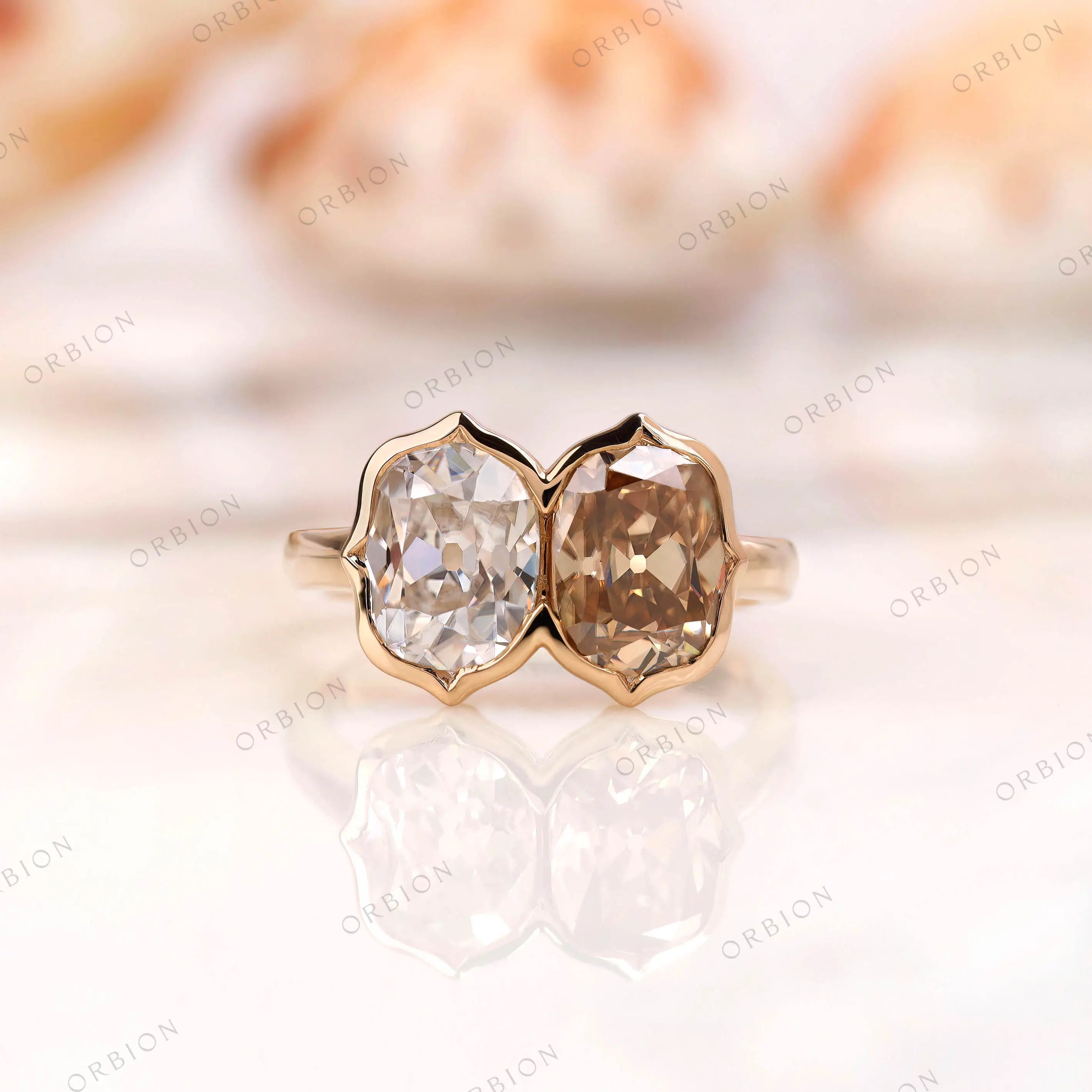 Dual elongated cushion Old Mine Cut moissanite bezel set Toi et Moi ring in yellow gold front view