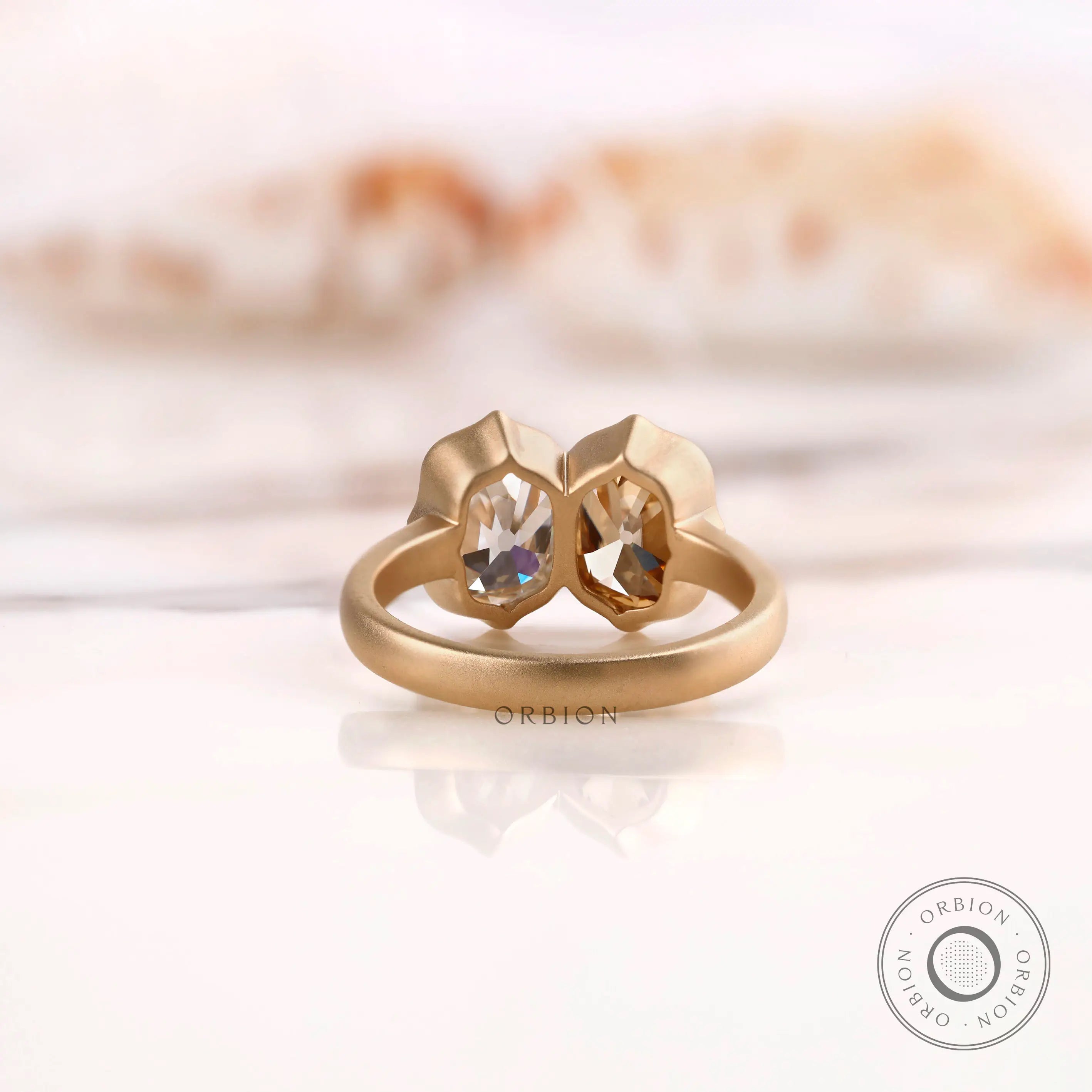 Twin stone moissanite ring close-up detailing