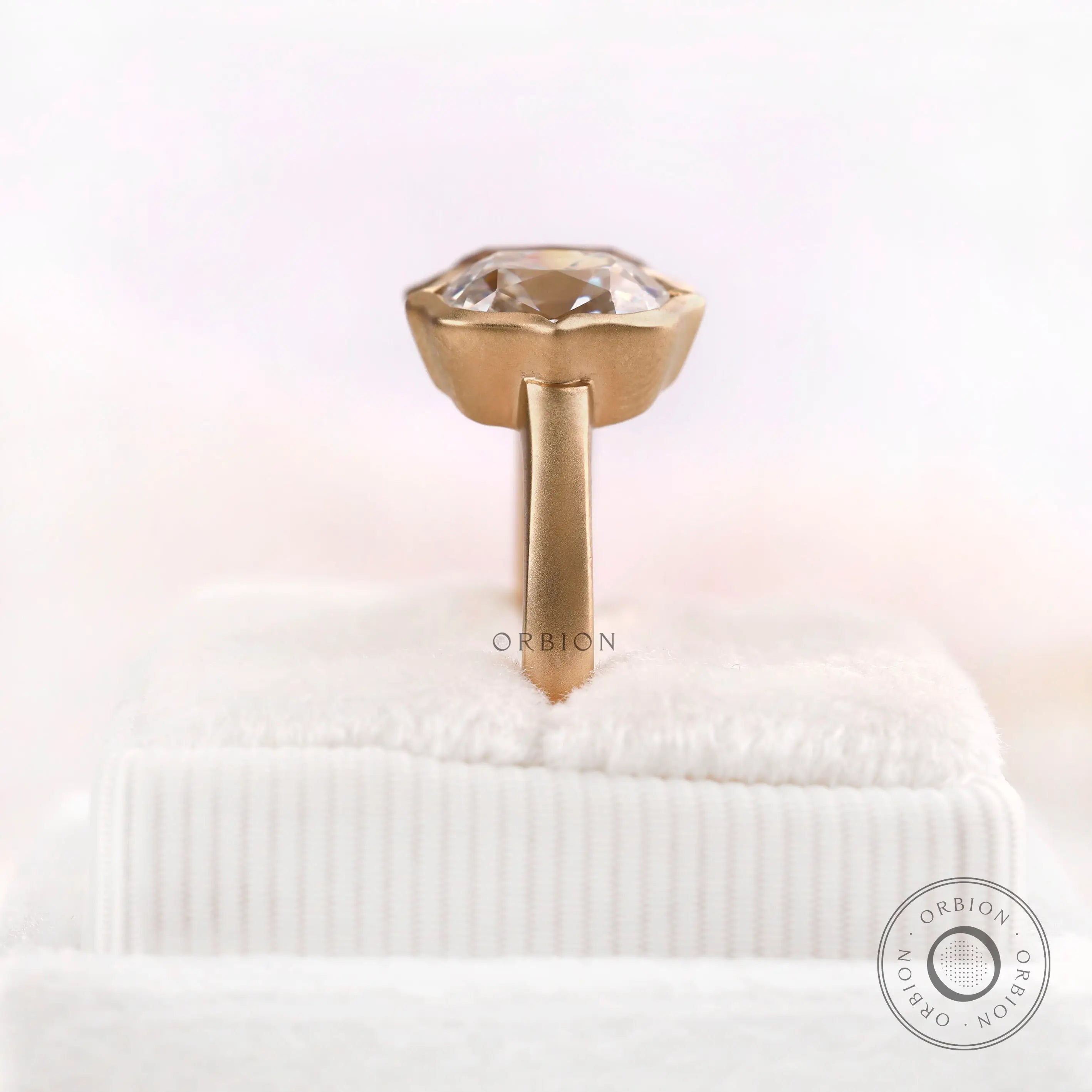 Elongated cushion moissanite twin stone ring profile view
