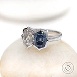 Elongated cushion old mine cut moissanite toi et moi ring