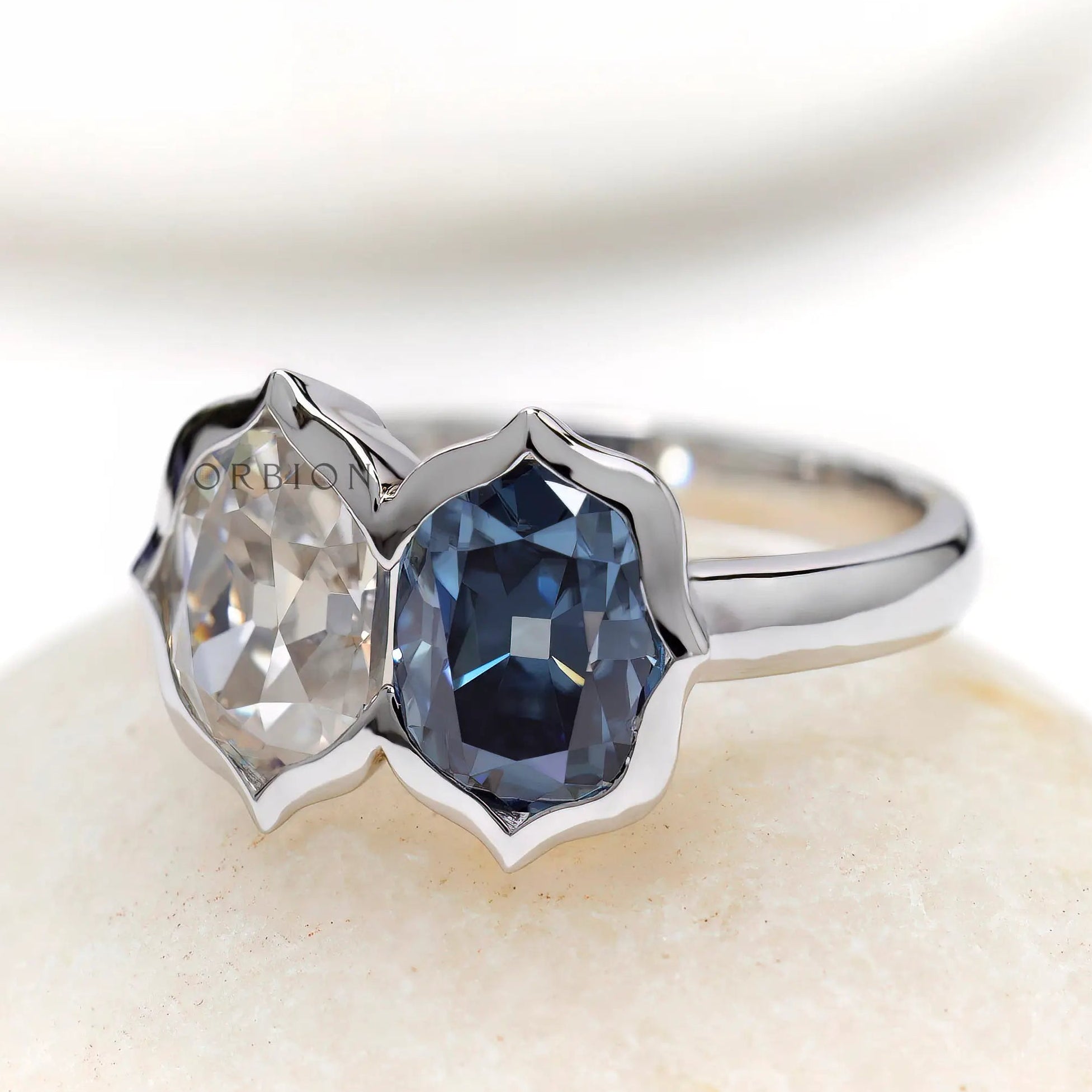 Elongated cushion old mine cut moissanite toi et moi ring