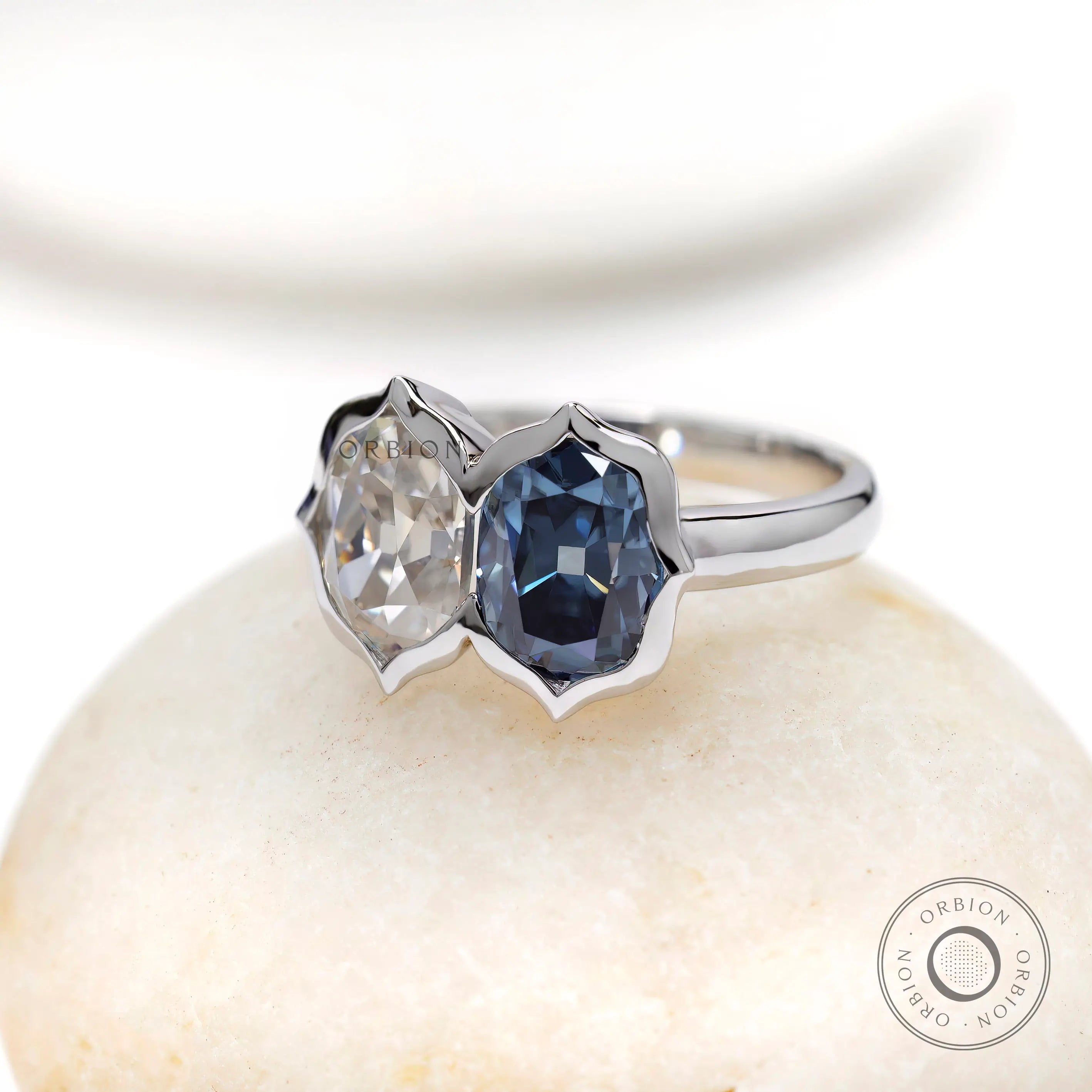 Elongated cushion old mine cut moissanite toi et moi ring
