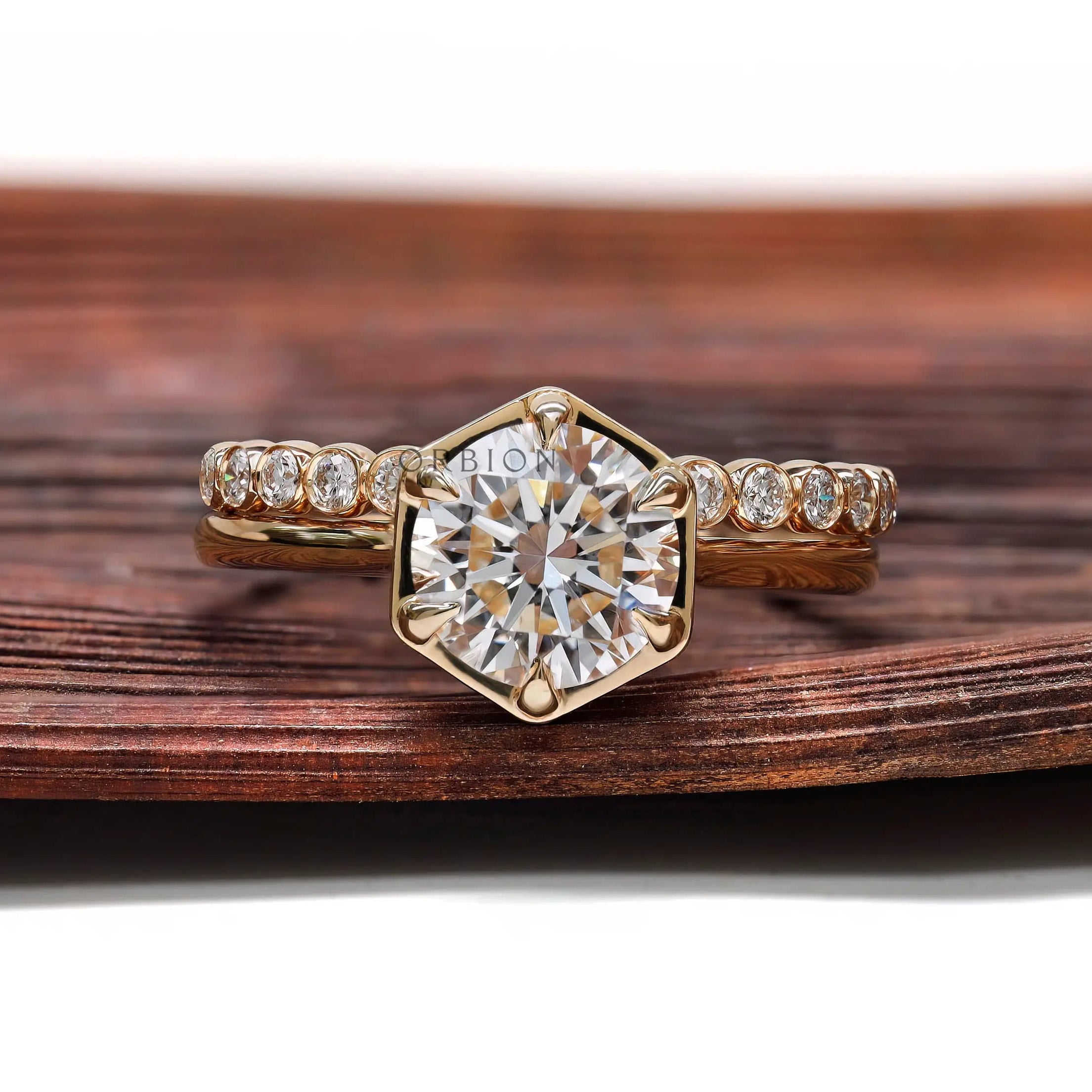 Round lab grown diamond engagement ring with bubble band