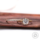 Cathedral style engagement ring showcasing elevated center stone