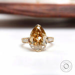 Light champagne pear moissanite Old Mine cut ring top view