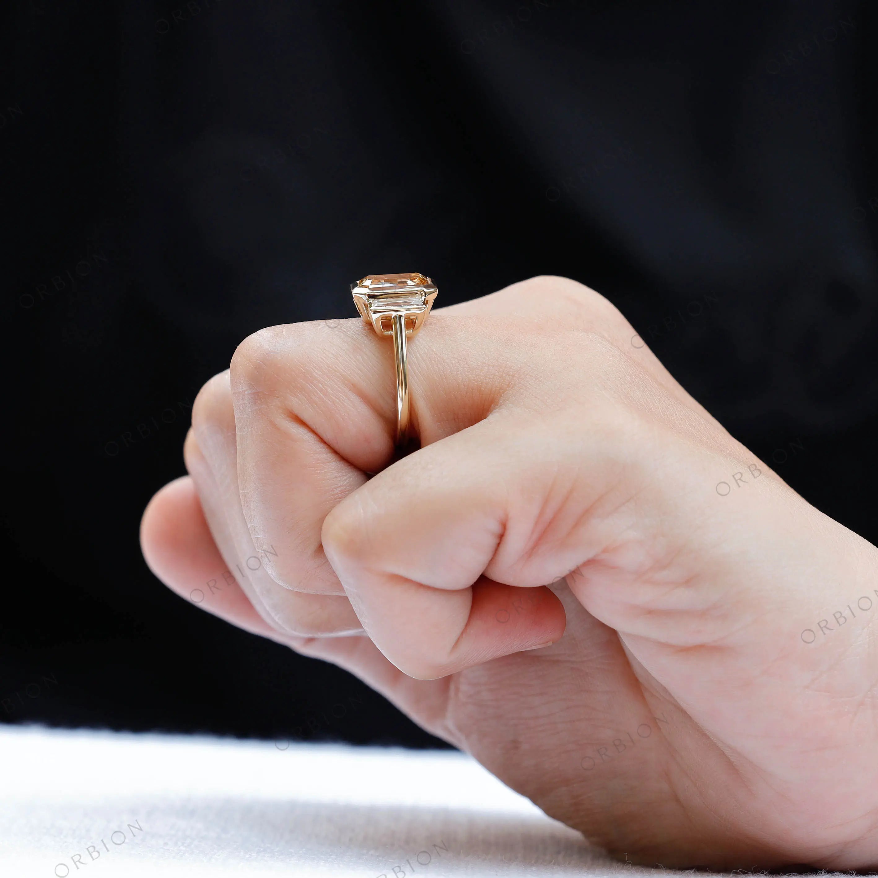 Dark champagne moissanite trilogy statement ring with baguette diamonds