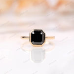 Asscher cut dark green moissanite bezel set solitaire ring front view