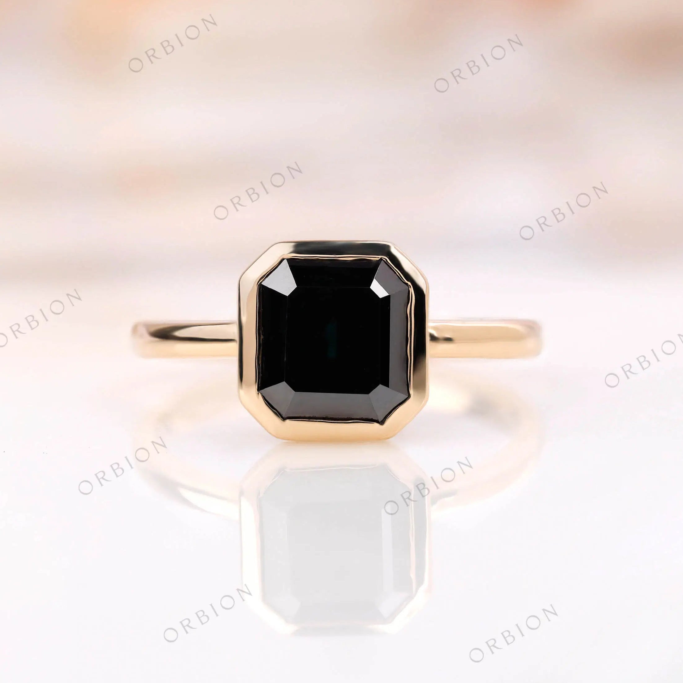Asscher cut dark green moissanite bezel set solitaire ring front view