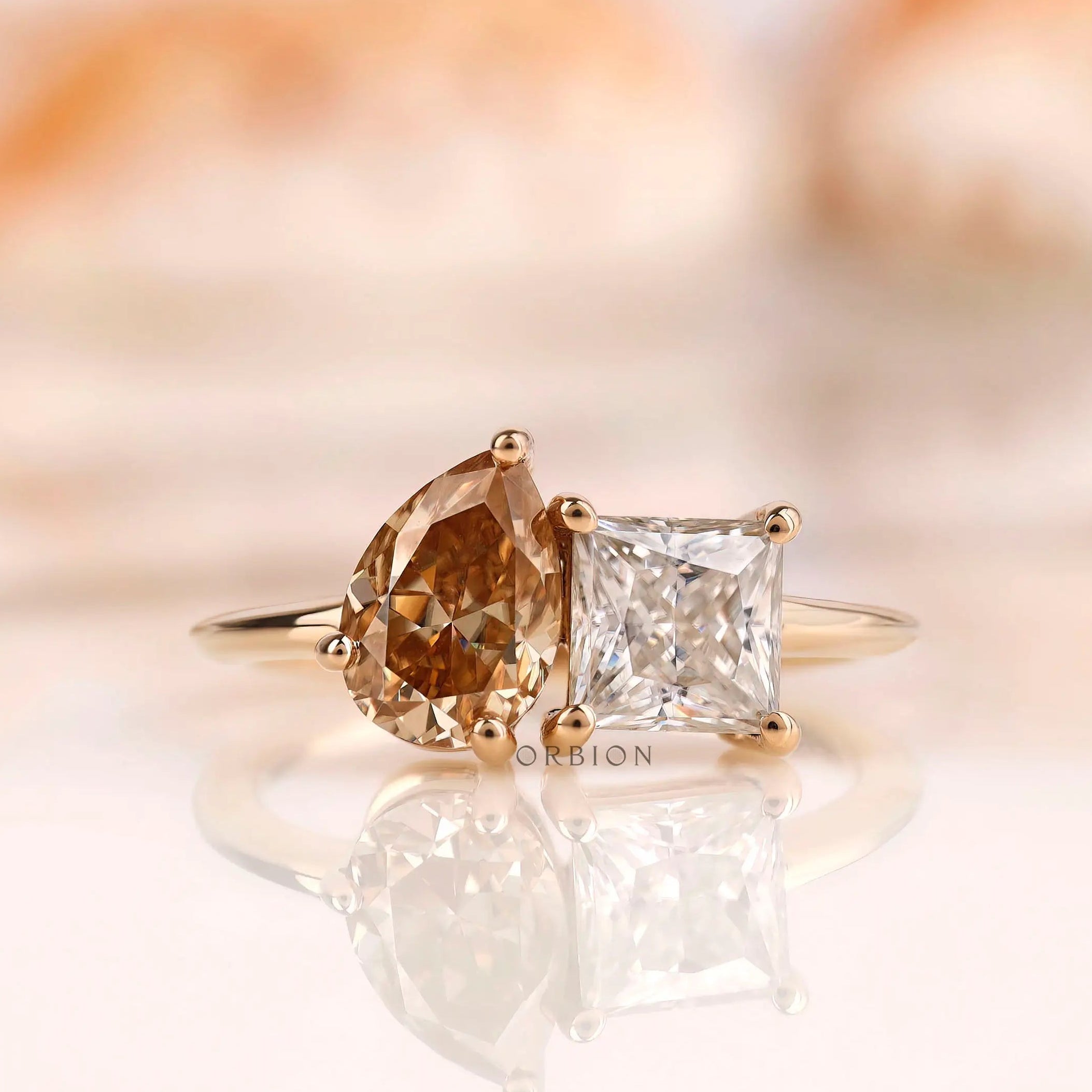 Toi et moi engagement ring 14k yellow gold front view