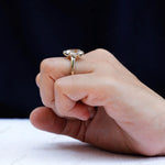 Elegant pear shape moissanite ring on hand yellow gold band
