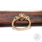 Underside gallery detail of three stone moissanite ring
