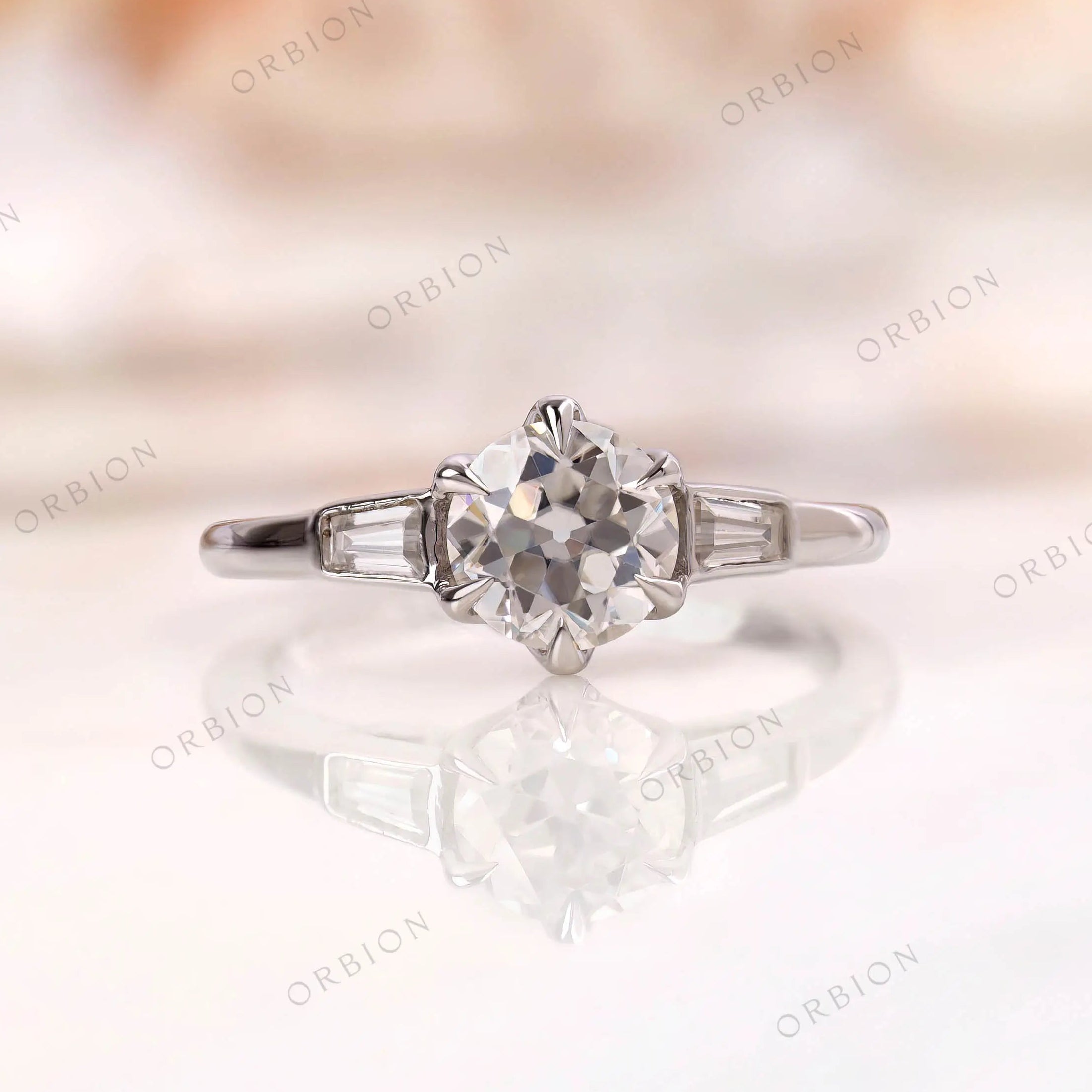 Vintage old european cut three stone engagement ring in 10k white gold  