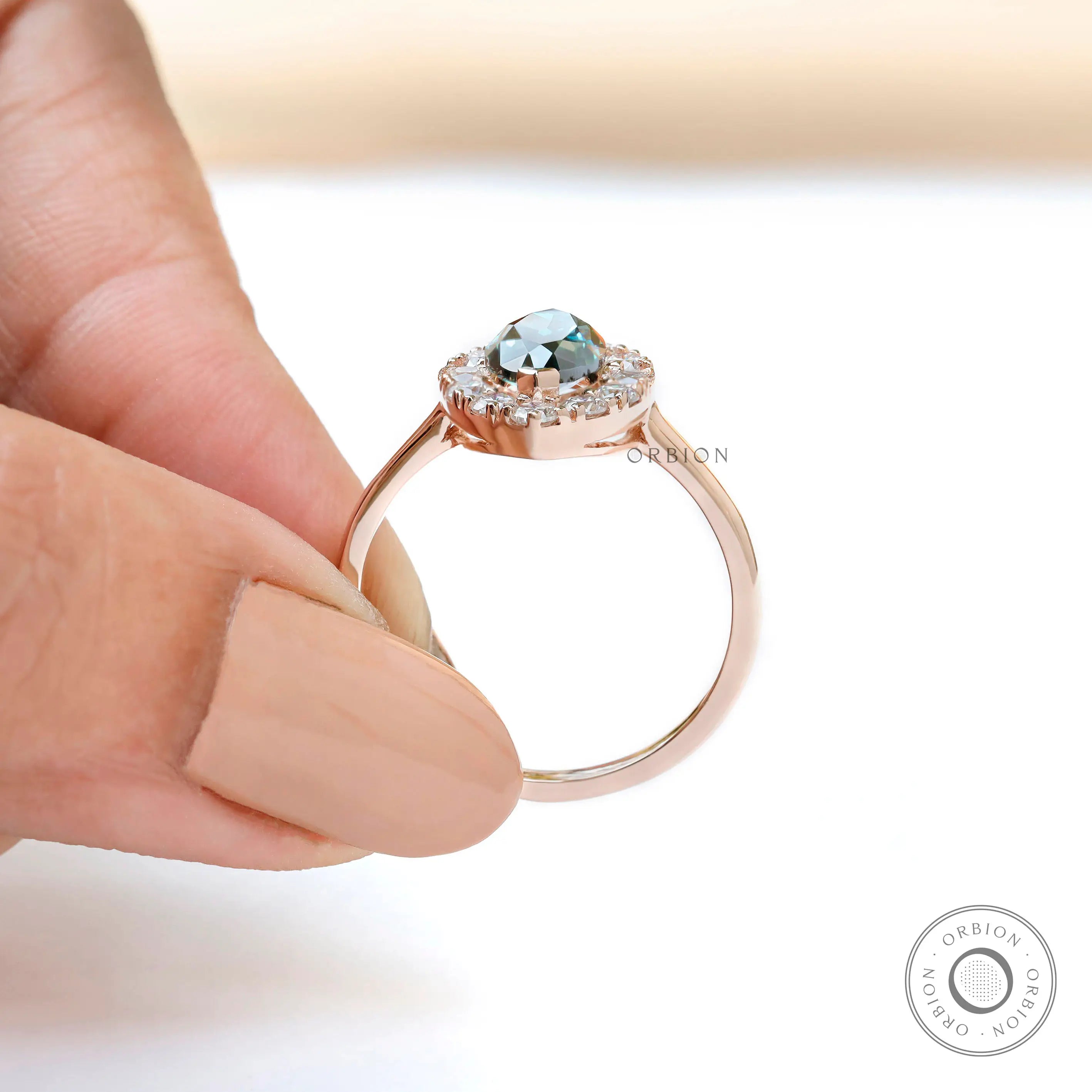Marquise Cut Blue Green Moissanite Halo Engagement Ring Front View