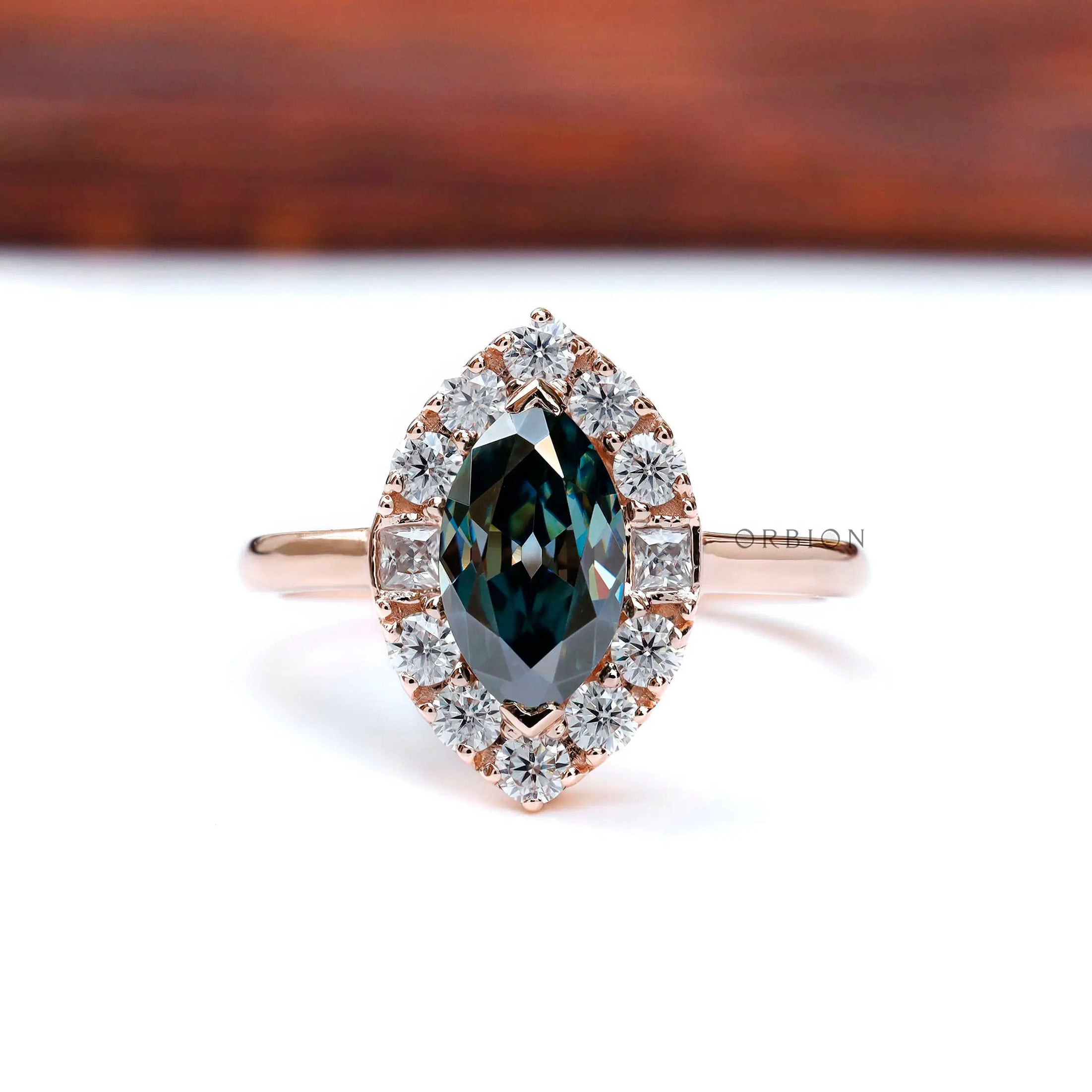 14k Rose Gold Marquise Cut Blue Green Moissanite Engagement Ring Top View