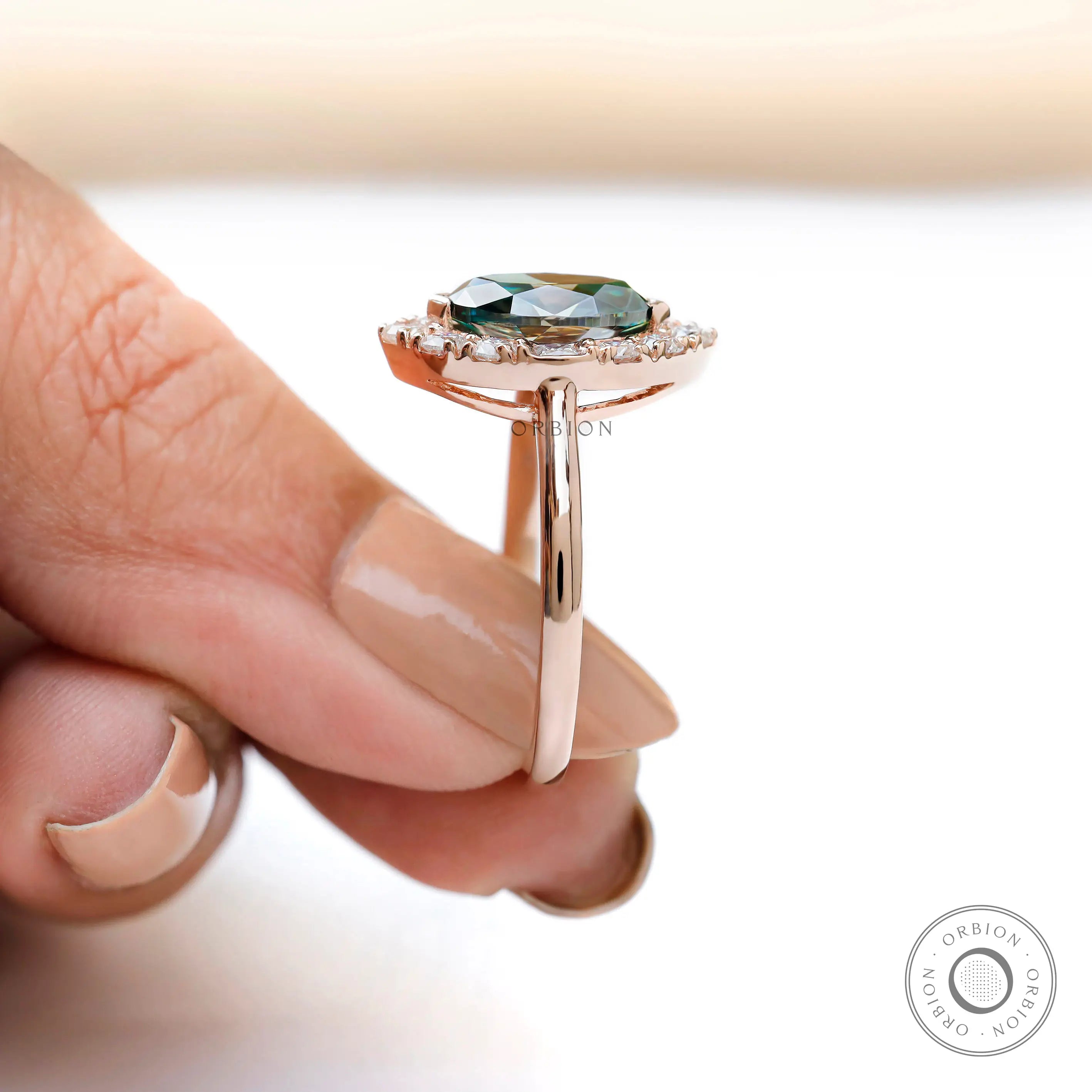 14k Rose Gold Marquise Blue Green Moissanite Engagement Ring Polished Band