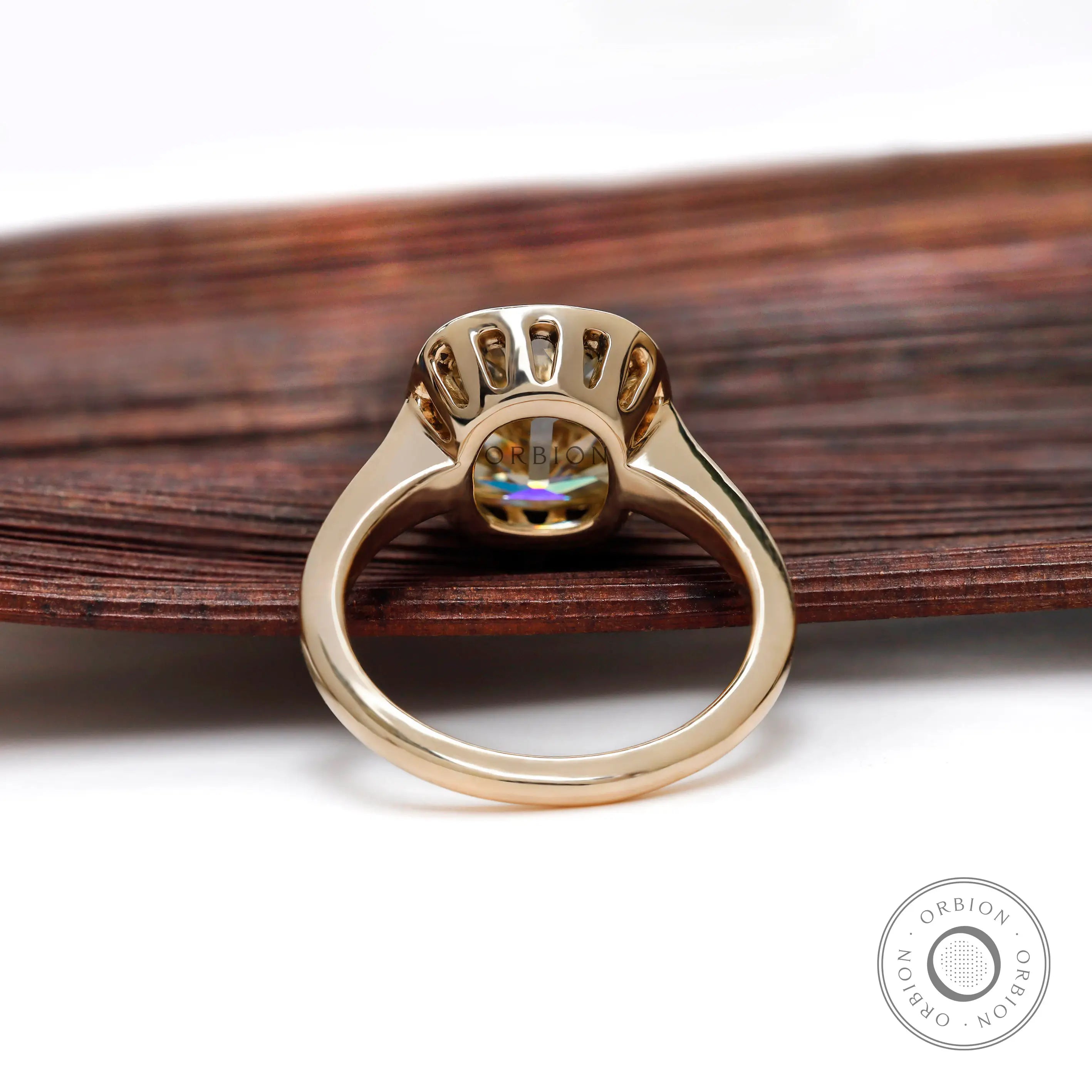 Back gallery view of champagne moissanite bezel engagement ring