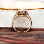 Close up of elongated cushion moissanite bezel frame detail