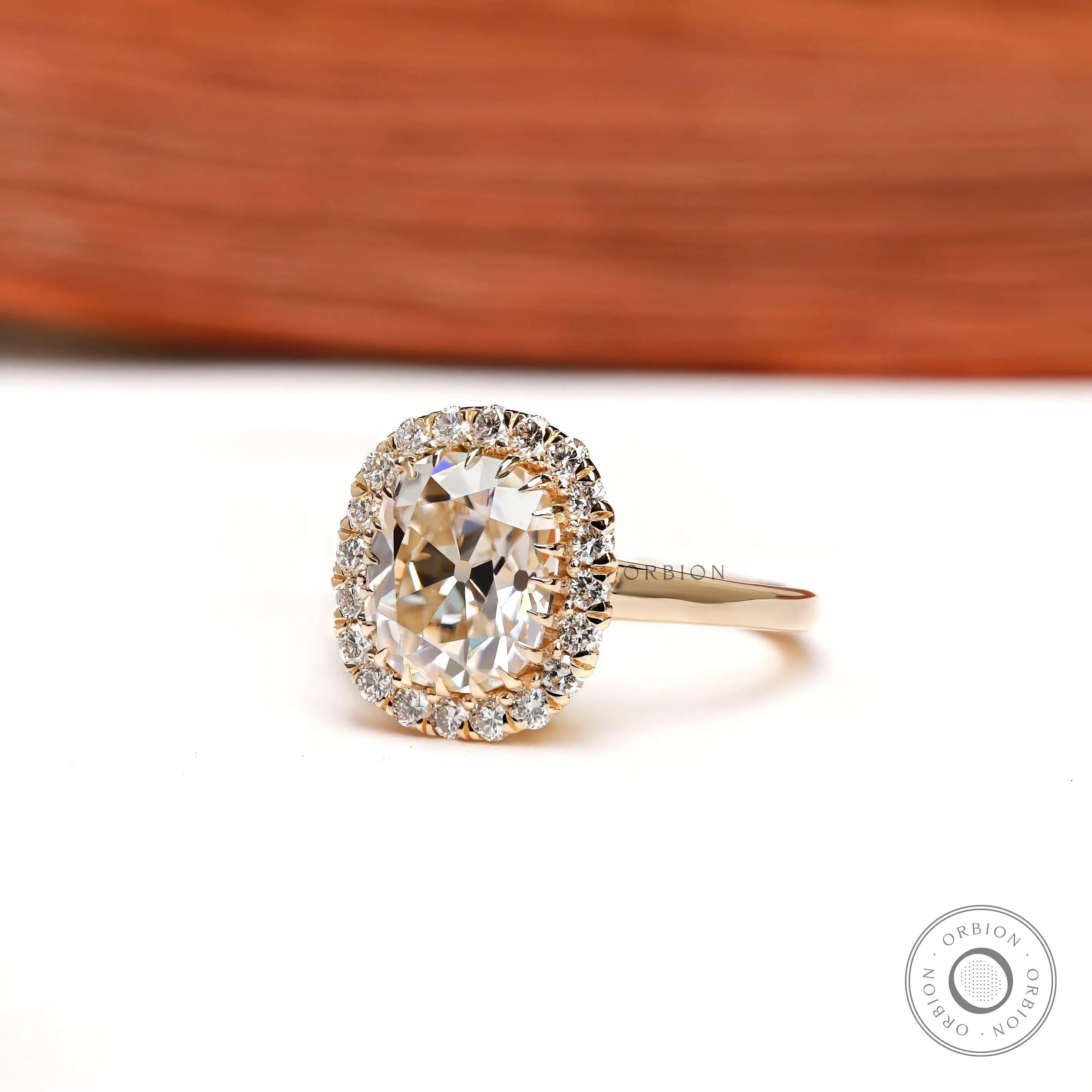 Antique style halo engagement ring side profile
