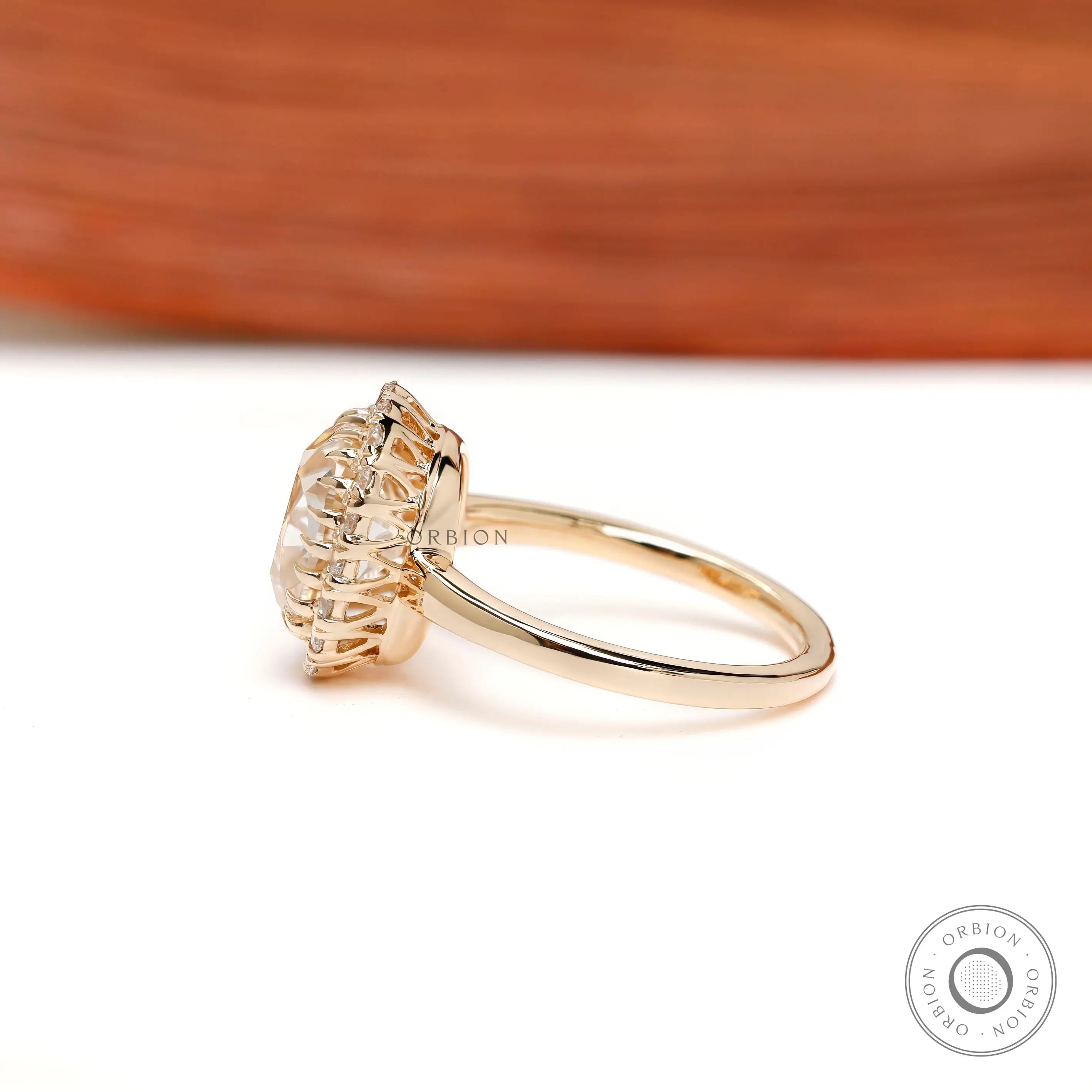 Champagne moissanite elongated cushion halo ring side view