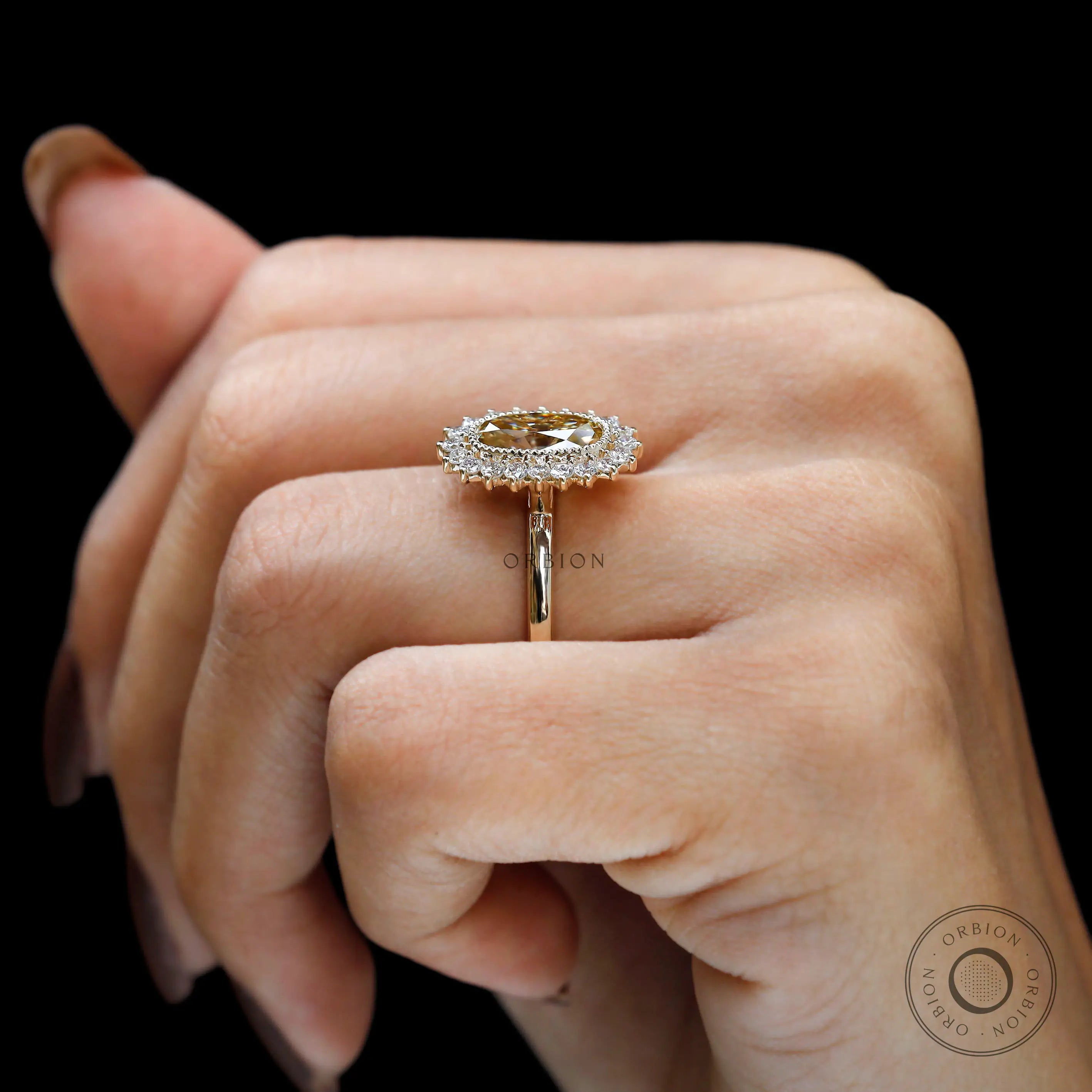Unique vintage champagne moissanite engagement ring yellow gold
