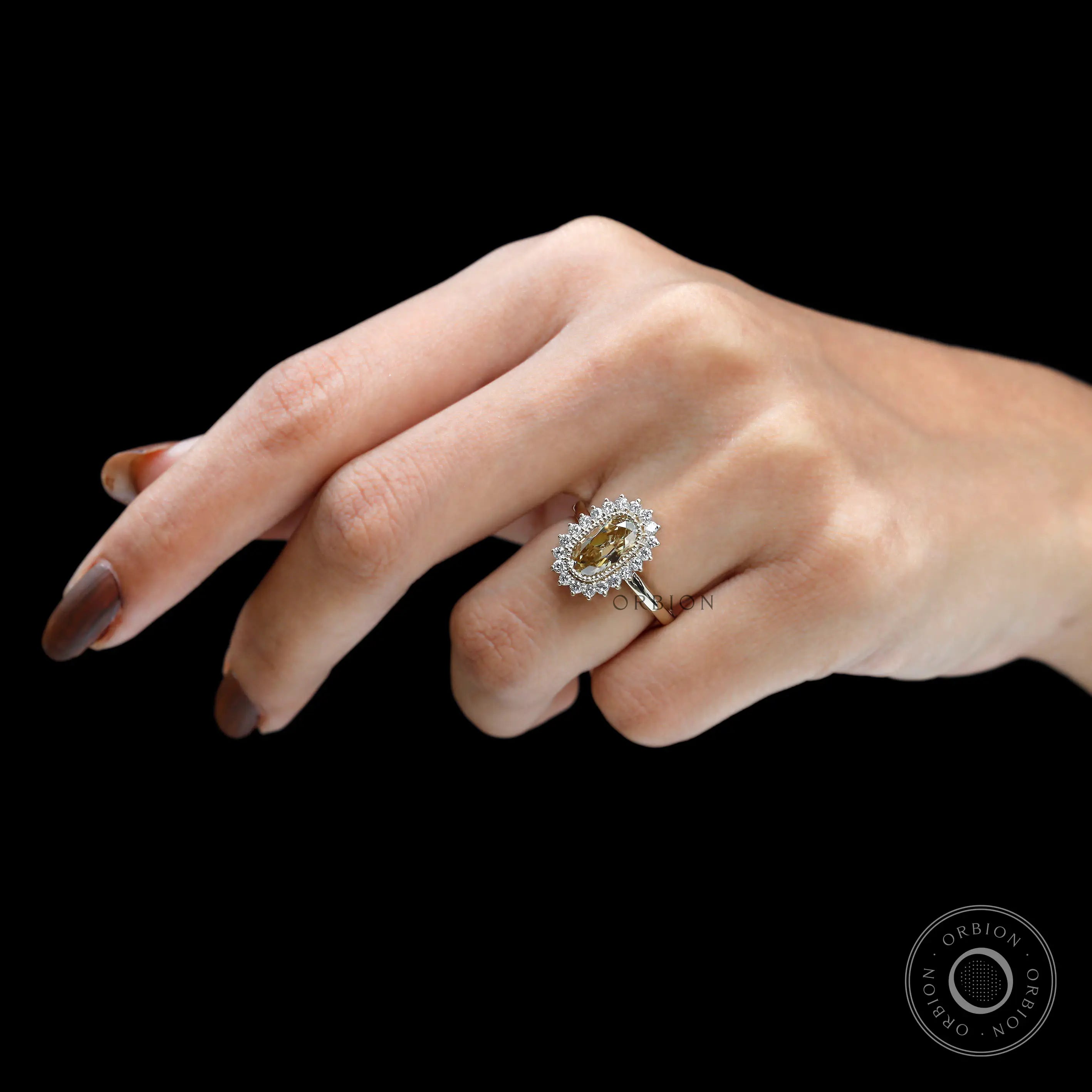 Milgrain halo engagement ring with champagne moissanite center stone