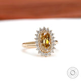 Elongated cushion Old Mine Cut champagne moissanite ring with milgrain halo