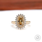 Vintage inspired champagne moissanite halo engagement ring in yellow gold