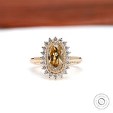 Vintage inspired champagne moissanite halo engagement ring in yellow gold