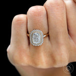 Elongated cushion moissanite halo ring close up