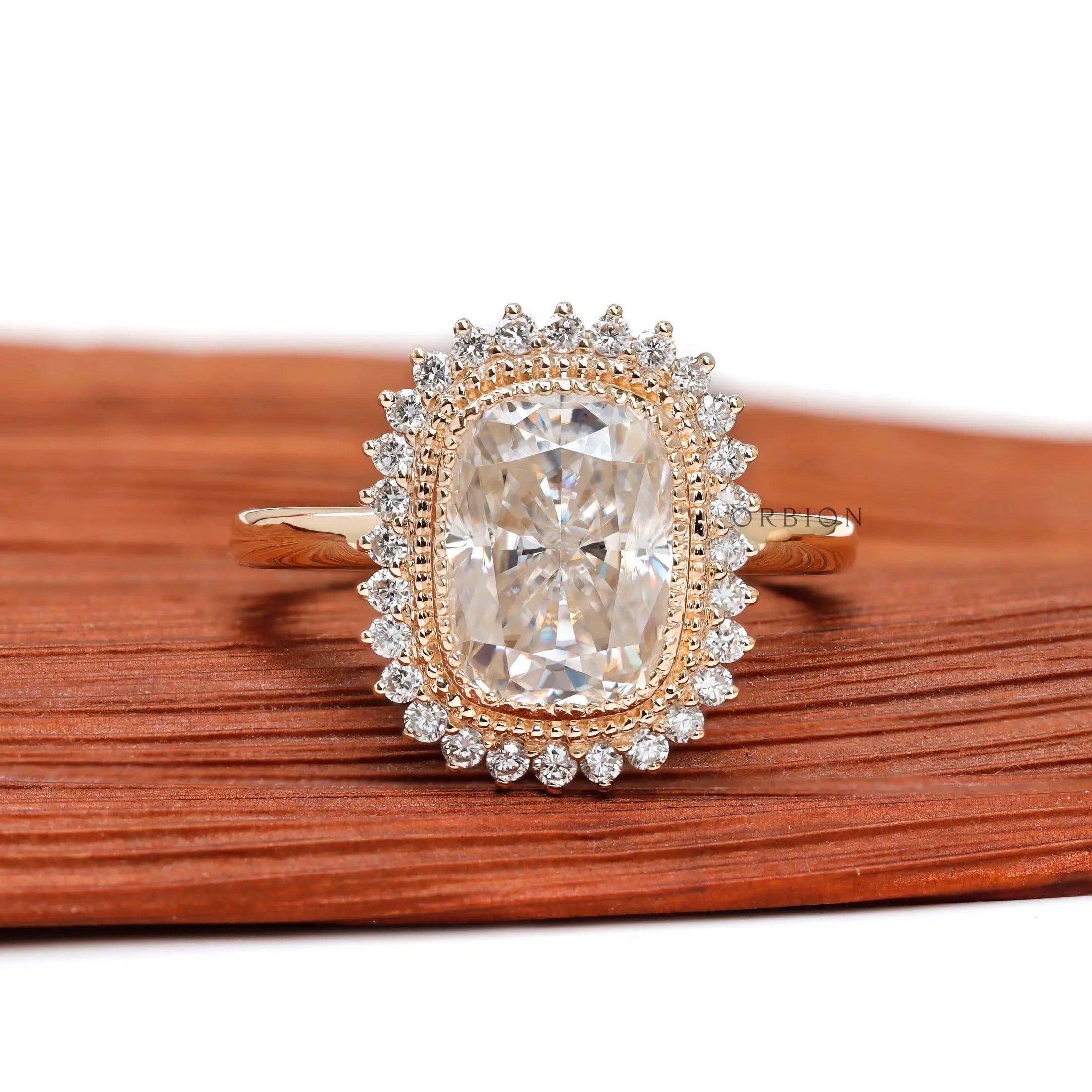 Elongated cushion halo moissanite milgrain bezel engagement ring in yellow gold 