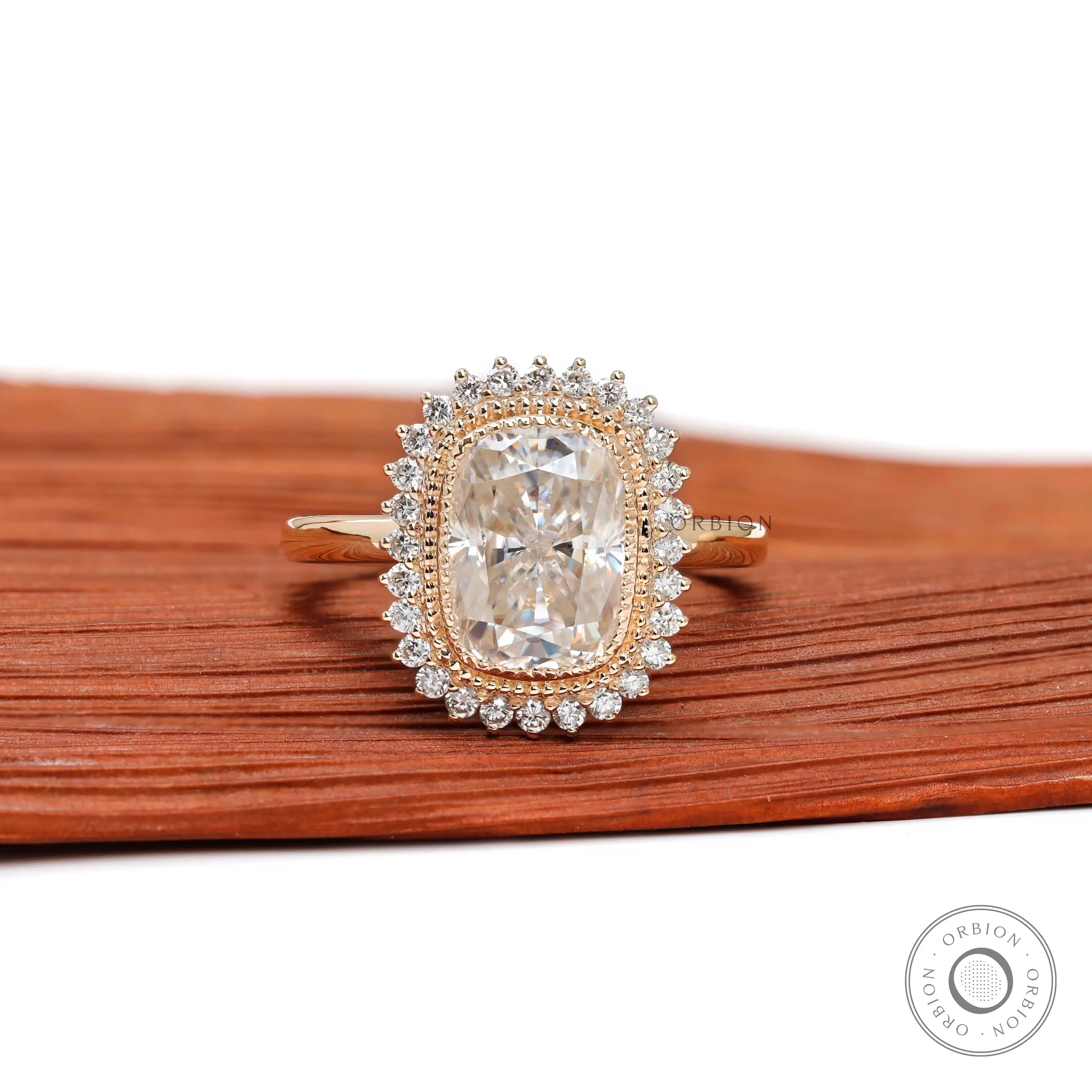 Elongated cushion halo moissanite milgrain bezel engagement ring in yellow gold 