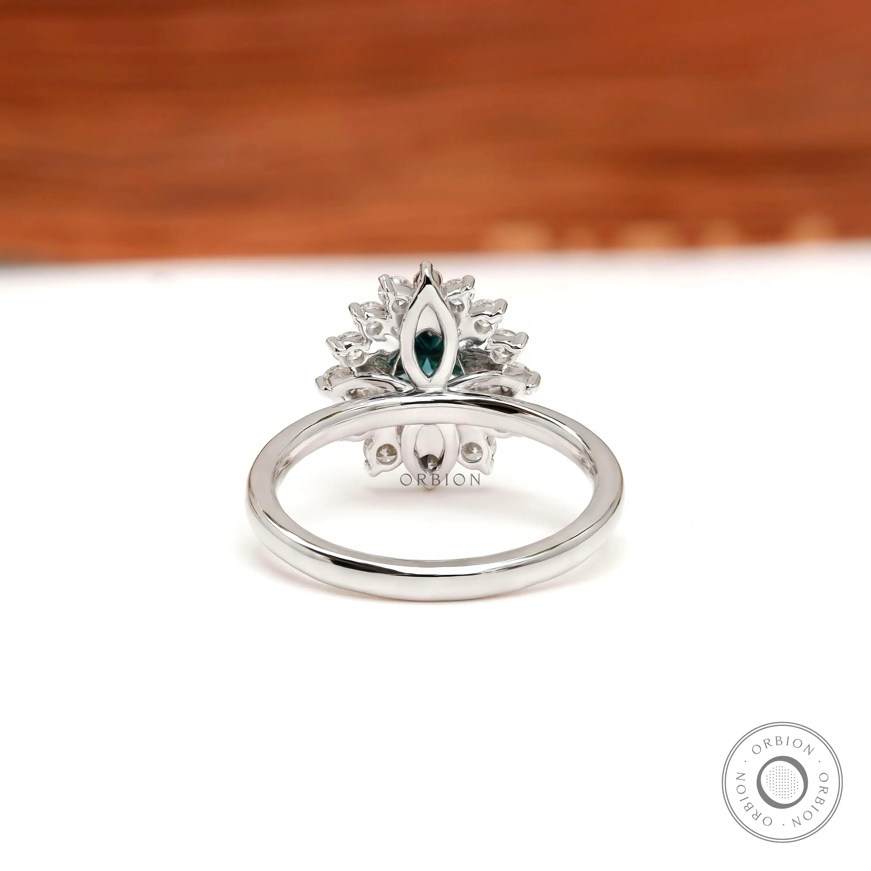 Rear gallery view floral halo pear moissanite ring