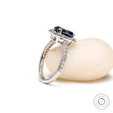 Luxury blue moissanite engagement ring photography