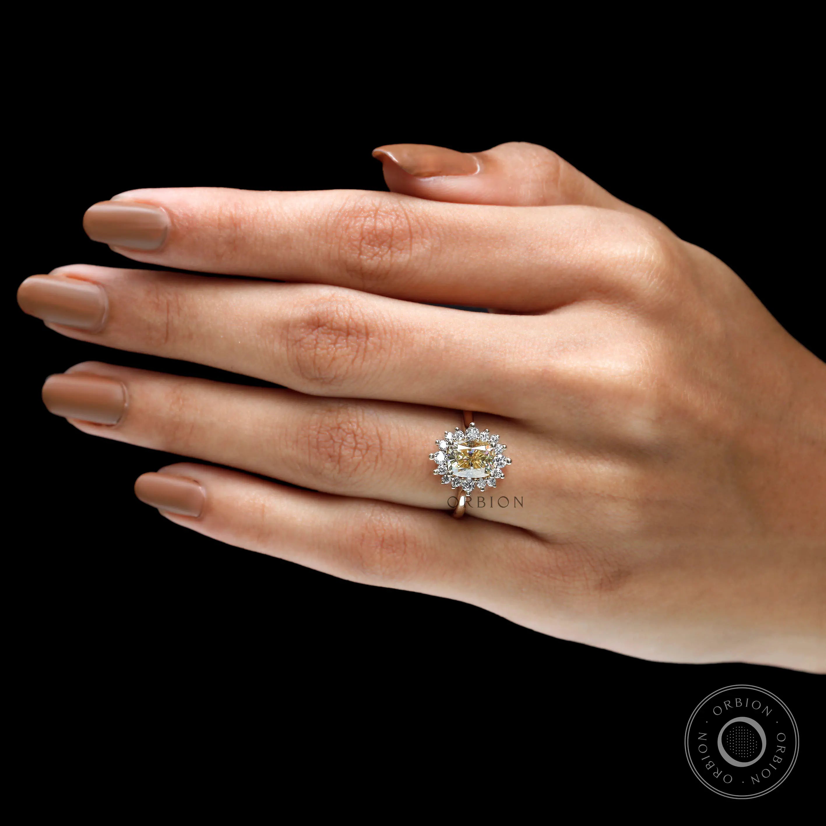 Elegant moissanite halo ring minimalist yellow gold band on fingure