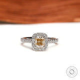 Cushion cut yellowish champagne moissanite halo engagement ring white gold